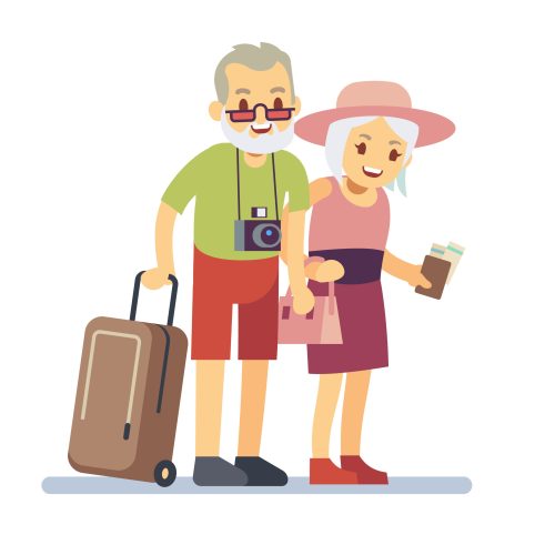 Old people travelers on holiday. Smiling grandparents on vacation. Happy elderly veteran traveling vector concept. Old travel man and woman, grandparents with luggage to vacation illustration